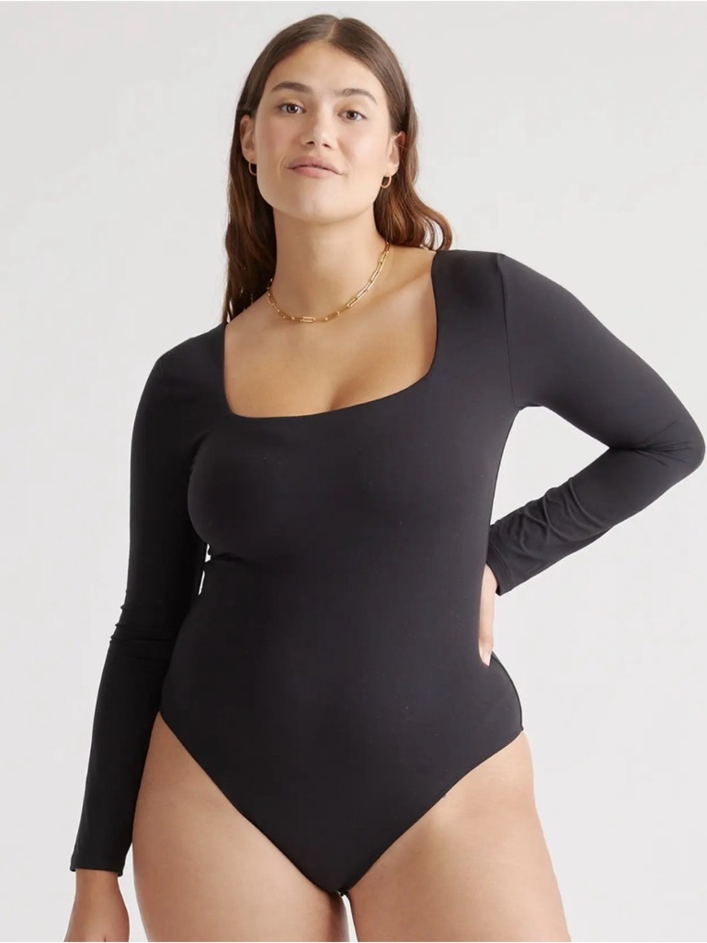 Quince Black Long-Sleeve Square-Neck Bodysuit